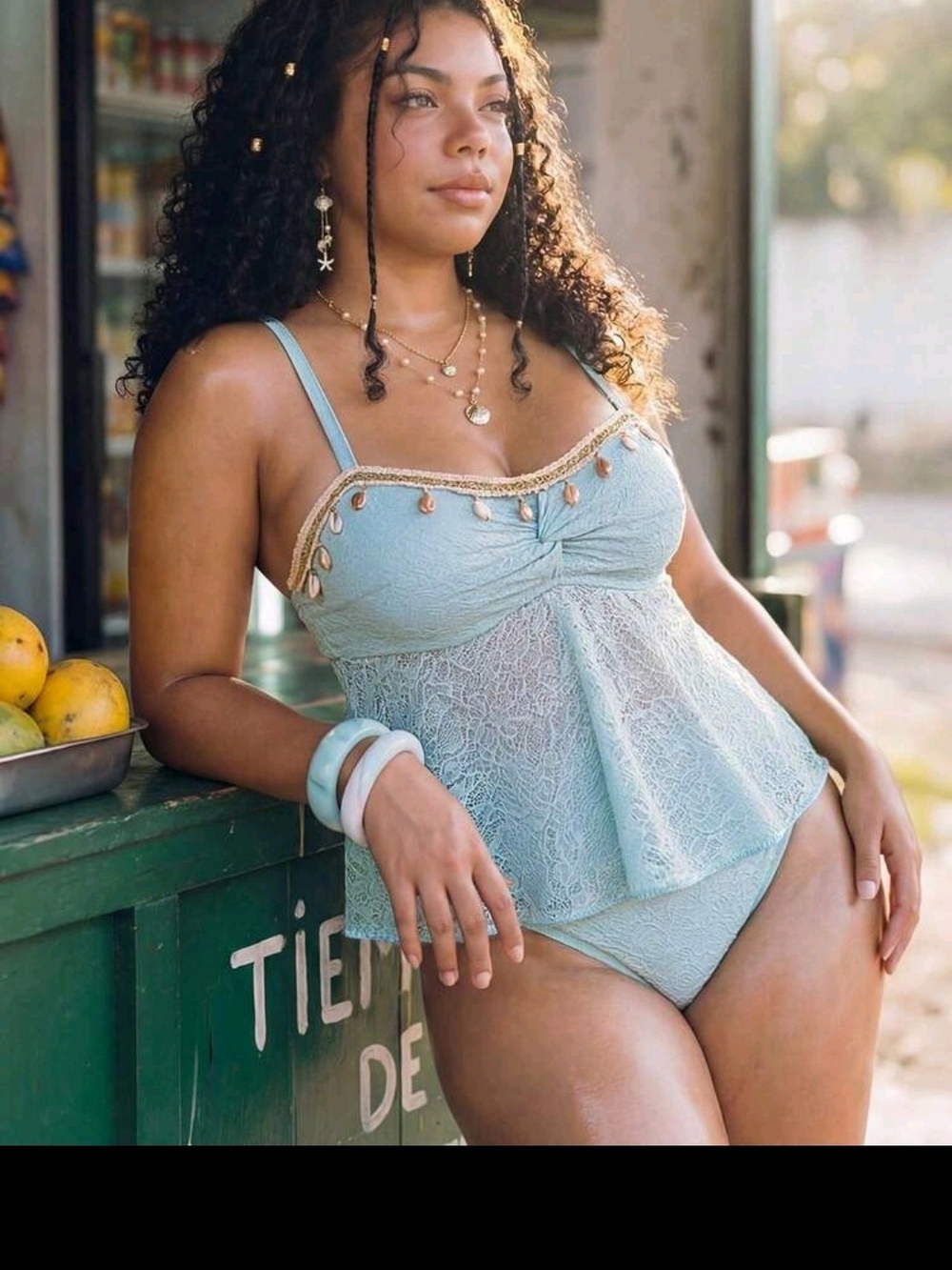 Light Blue Lace Tankini Set - Shell Trim